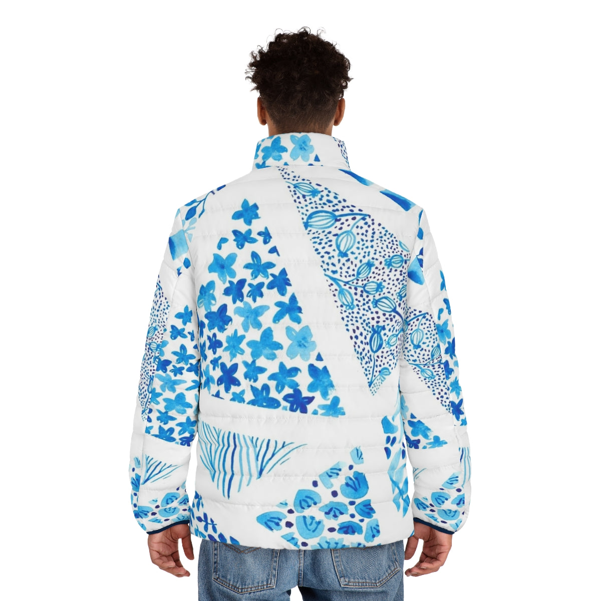 Blue abstract pattern puffer jacket with geopatterning and nature-inspired design - men back