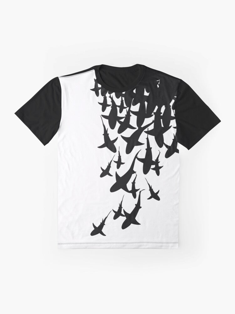 Shark graphic design on a black and white t-shirt - Flat lay