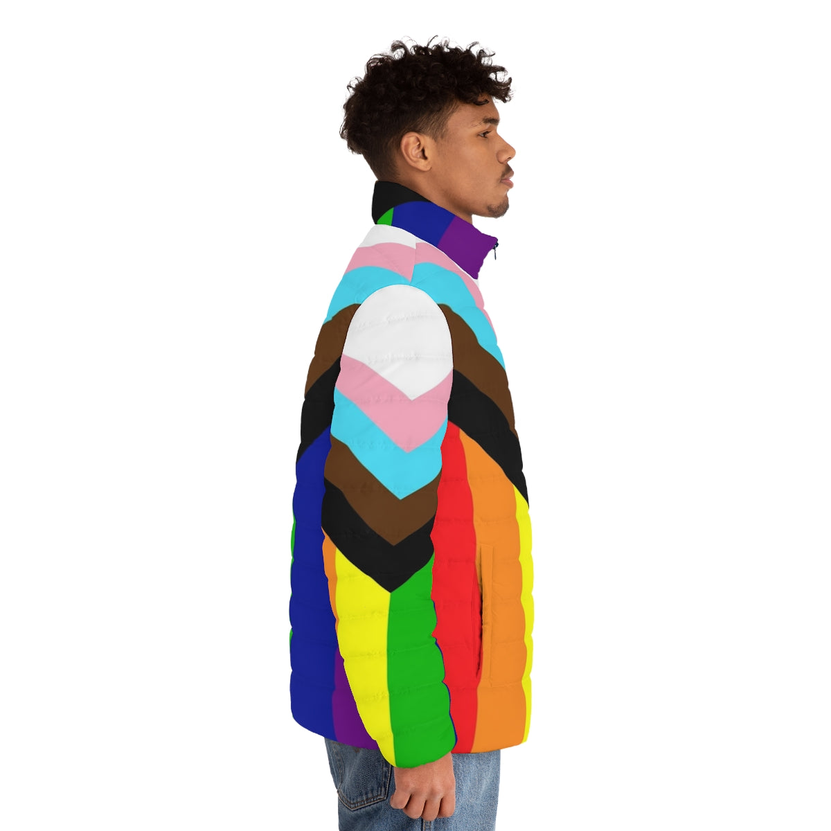 Progressive Pride Flag Puffer Jacket with rainbow colors - men side right