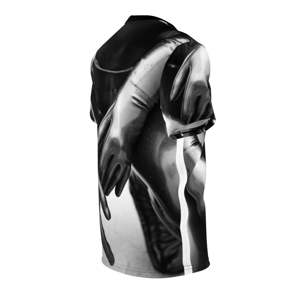 A black and white t-shirt design featuring a close-up of latex gloves with a shallow depth of field, creating an artsy and stylized look. - men right