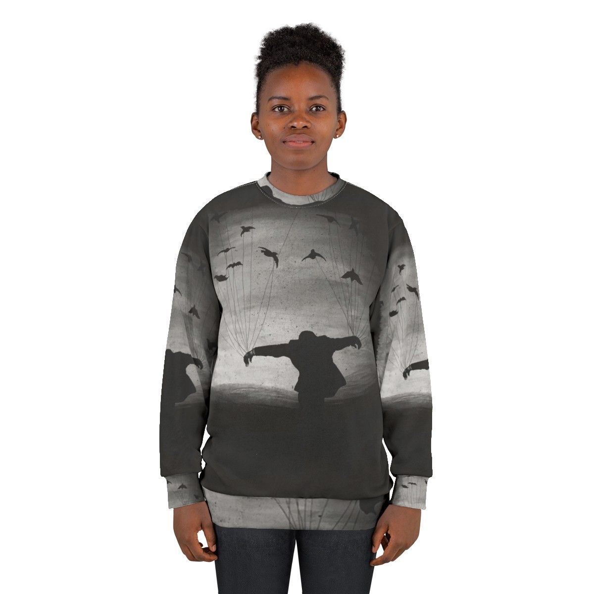 Hand-painted sweatshirt with mysterious raven design - women