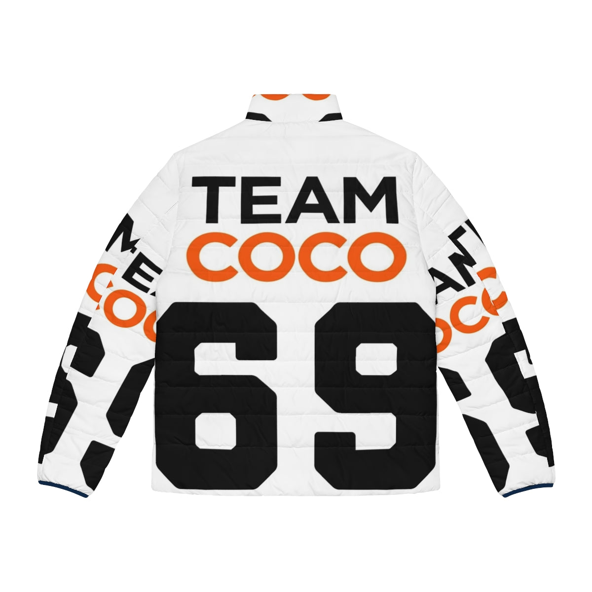 Team Coco football jersey style puffer jacket featuring Conan O'Brien's logo - Back