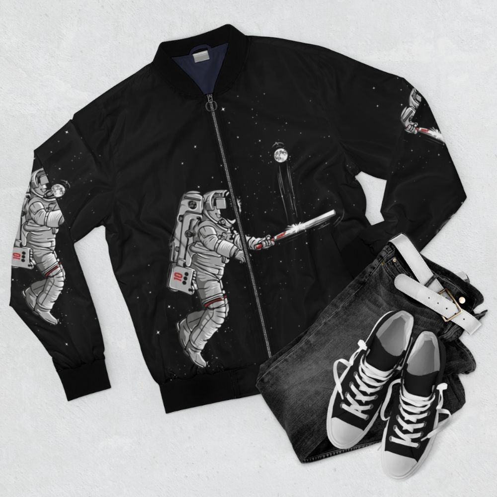 Space Cricket Bomber Jacket with graphic design of cricket player in space suit exploring the galaxy - Flat lay