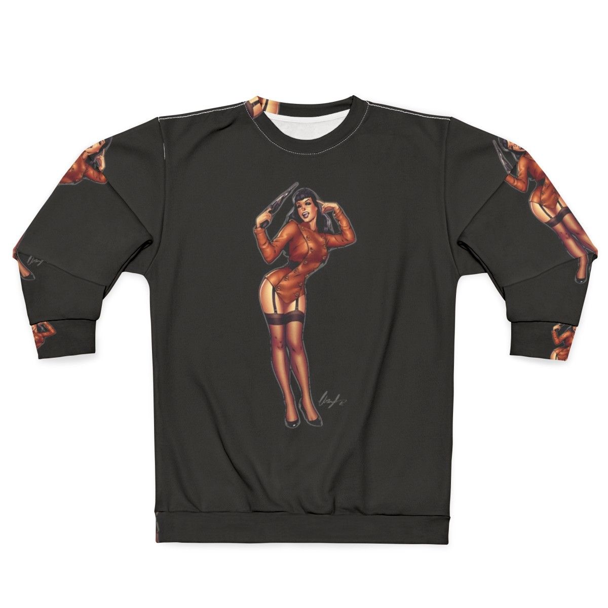 Vintage-inspired Bettie Page sweatshirt with The Rocketeer design