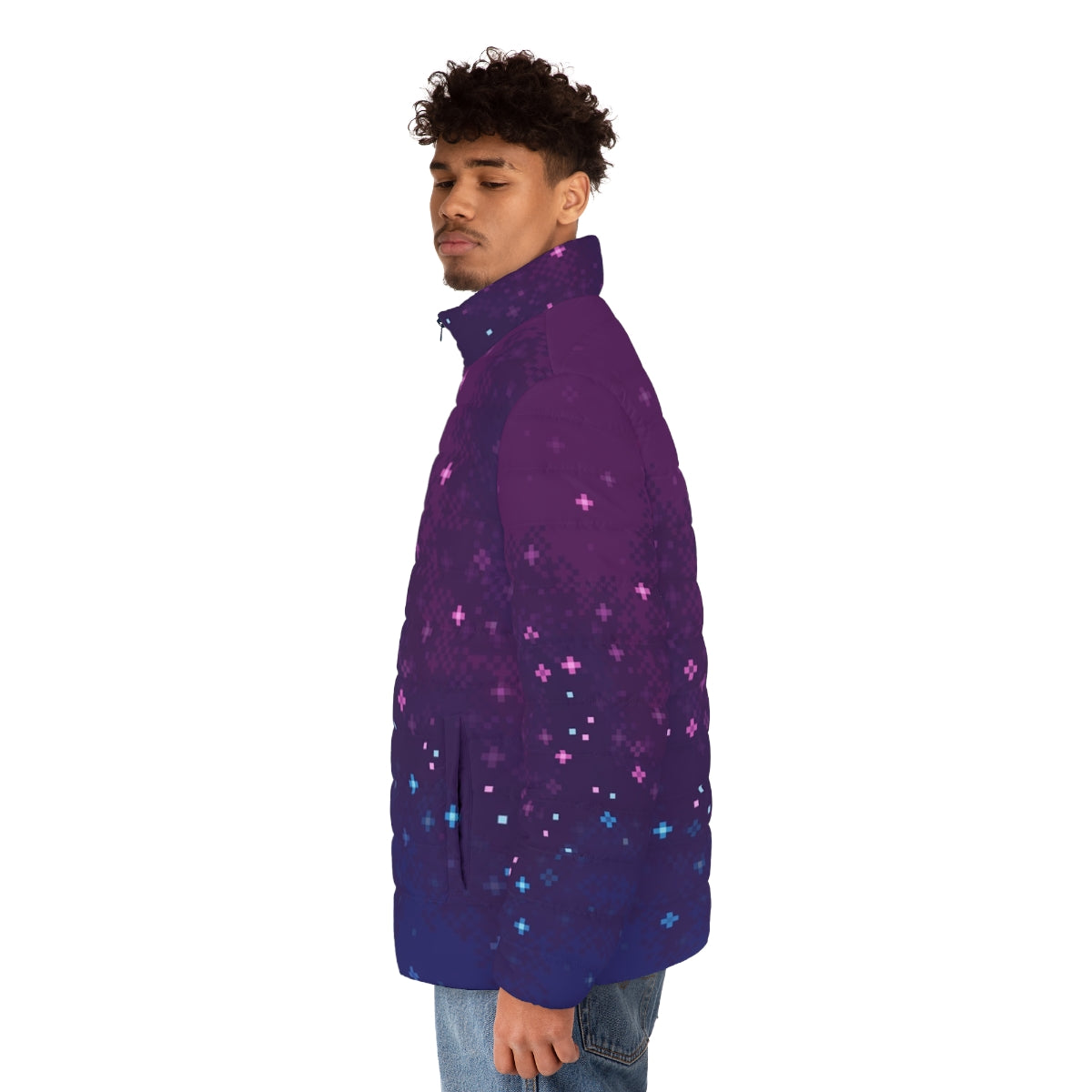 Bi Pride Galactic 8-Bit Puffer Jacket featuring a vibrant pixel art design of the bisexual pride flag in a cosmic galaxy setting - men side left