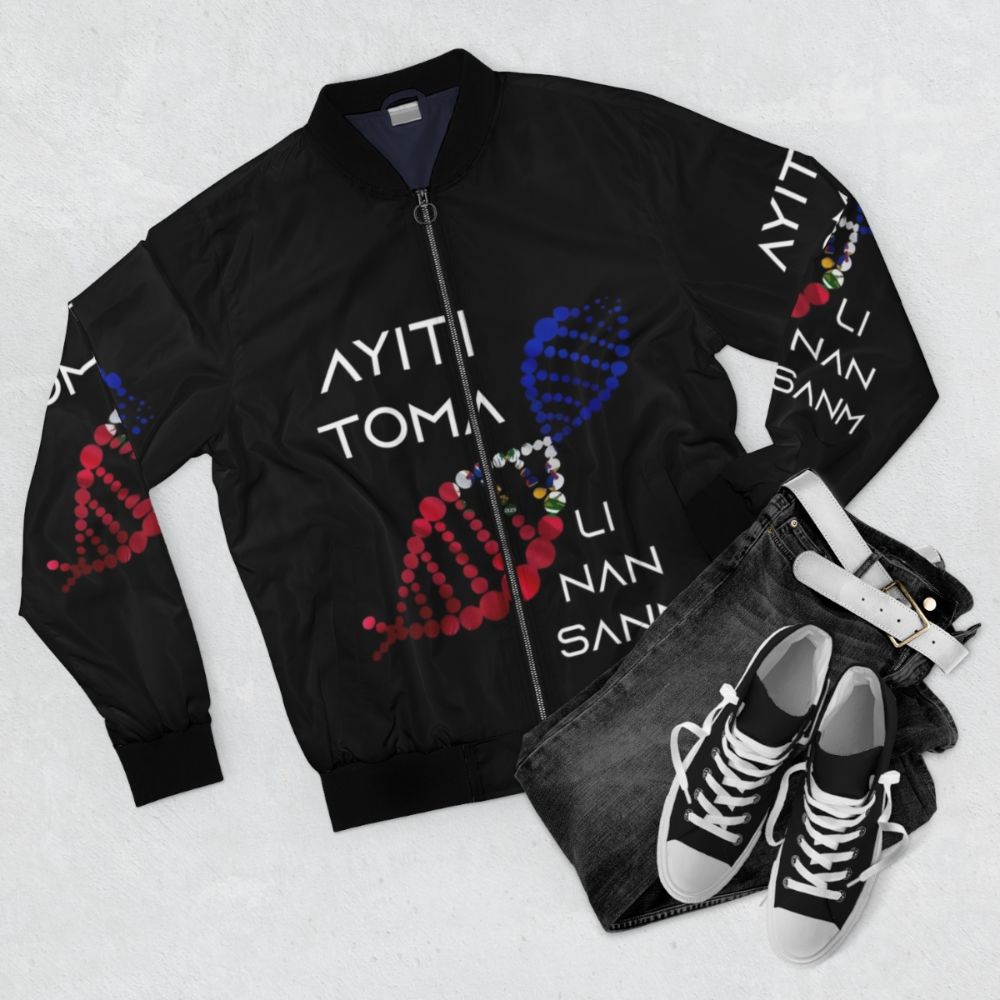 Ayiti bomber jacket with Haitian pride design - Flat lay