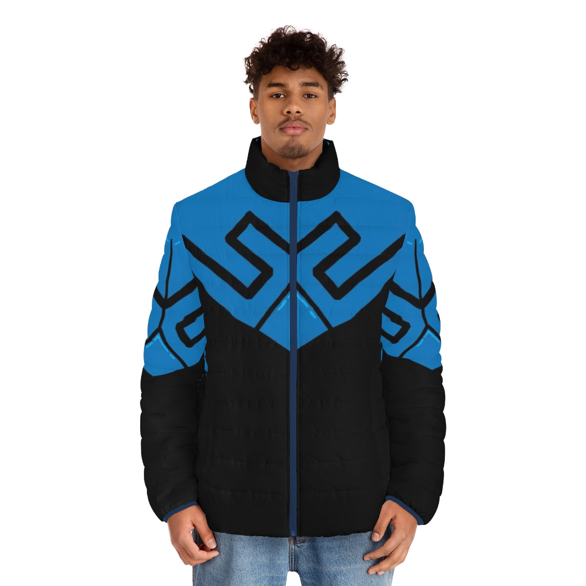 Blue Beetle superhero armor puffer jacket with DC Comics character design - men front