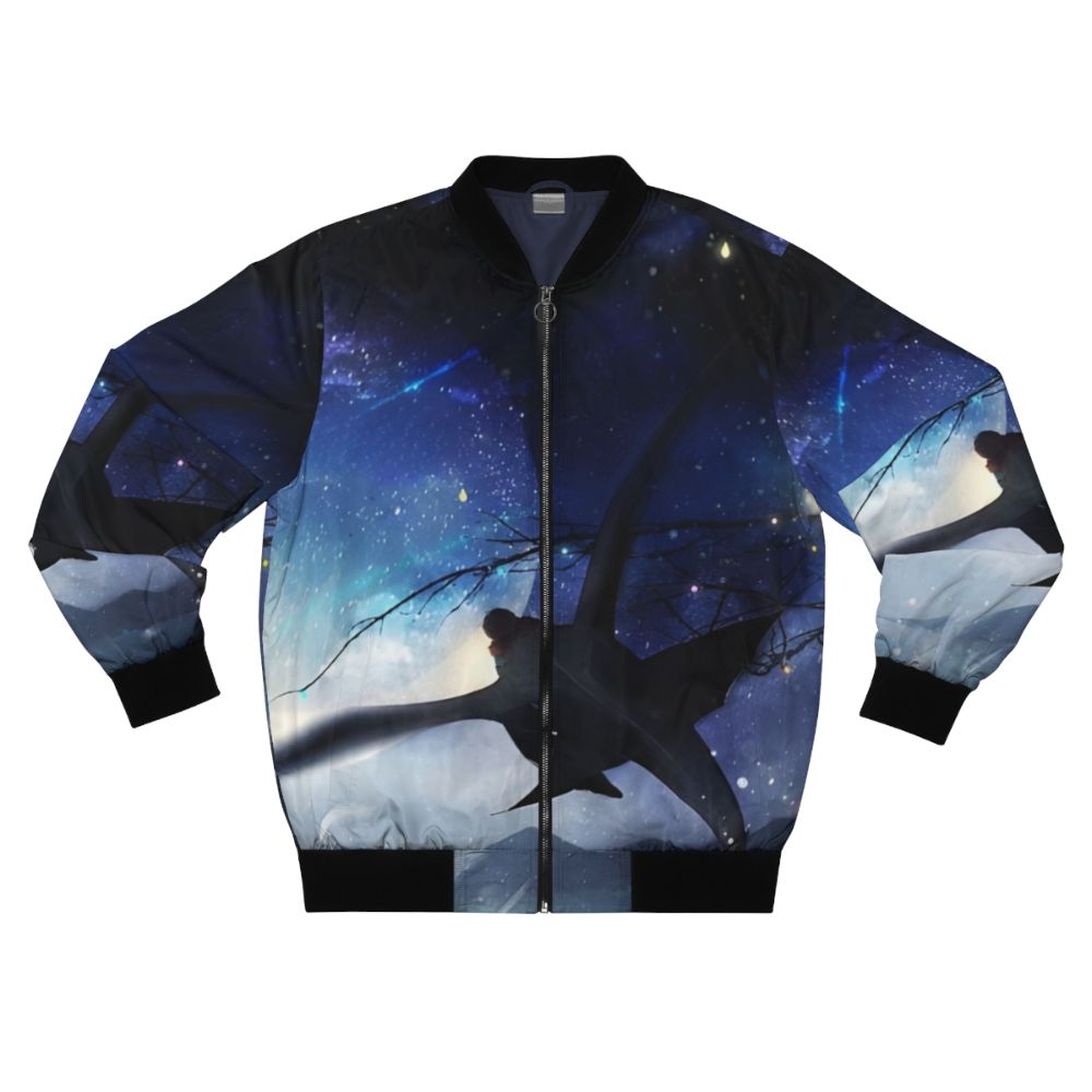 A bomber jacket featuring the iconic Night Fury dragon from the "How to Train Your Dragon" animated film series.