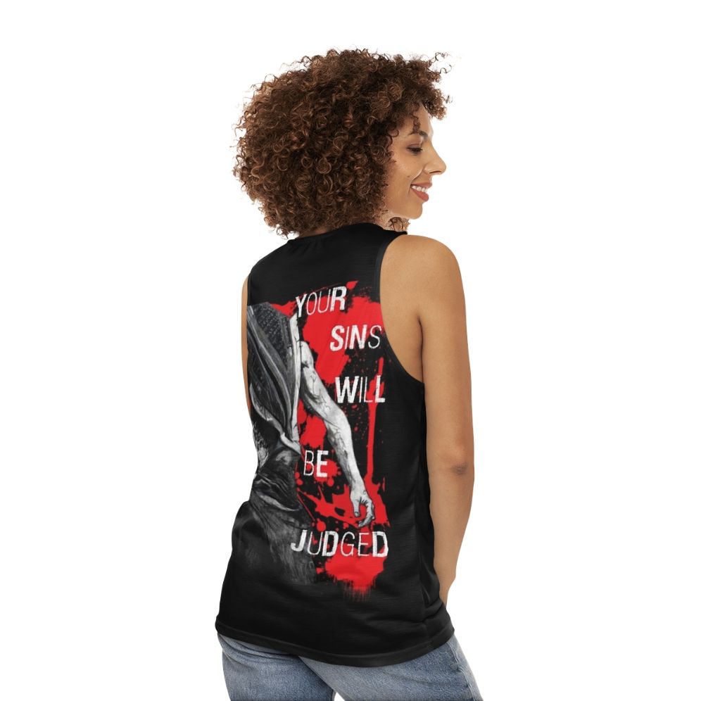 Horror themed unisex tank top with "Your Sins Will Be Judged Again" design - women back