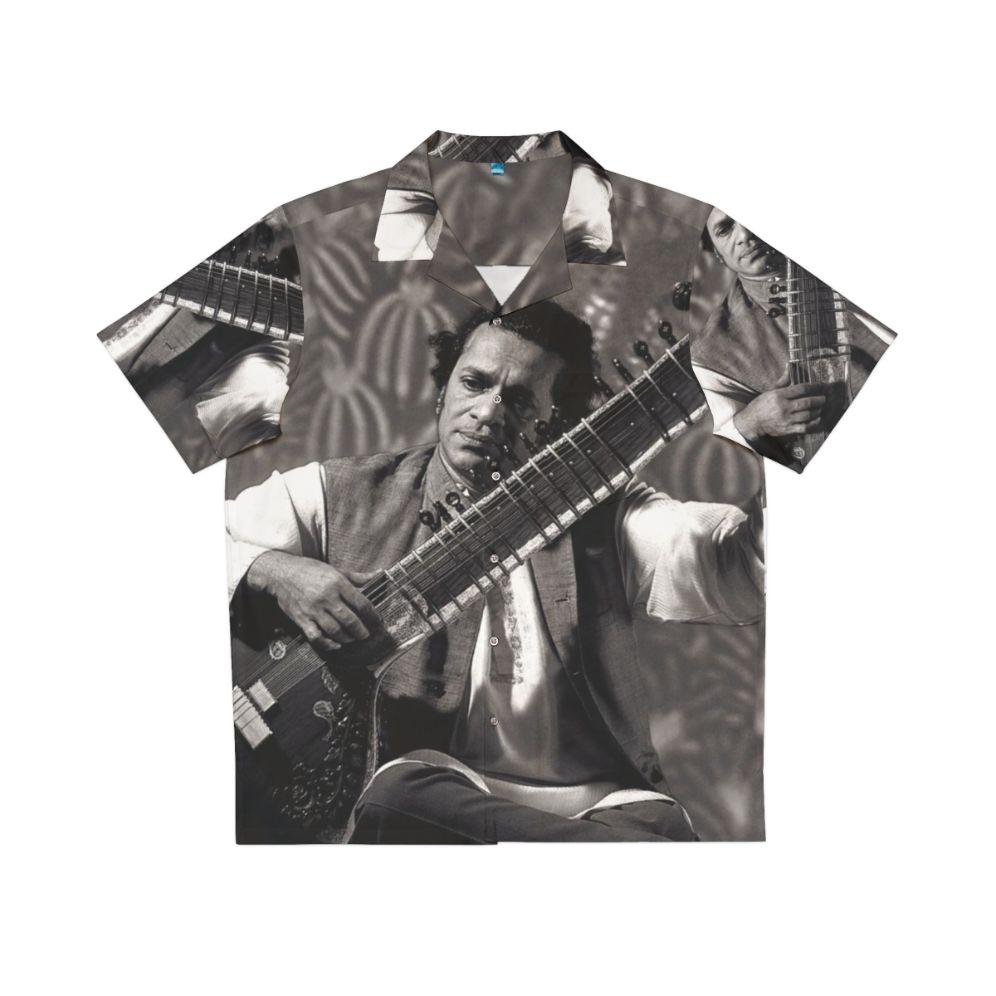 Colorful Hawaiian shirt featuring an Indian sitar player