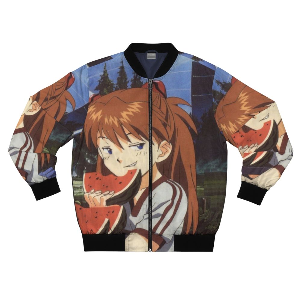 Asuka Langley Soryu wearing a smug bomber jacket, inspired by the anime Evangelion