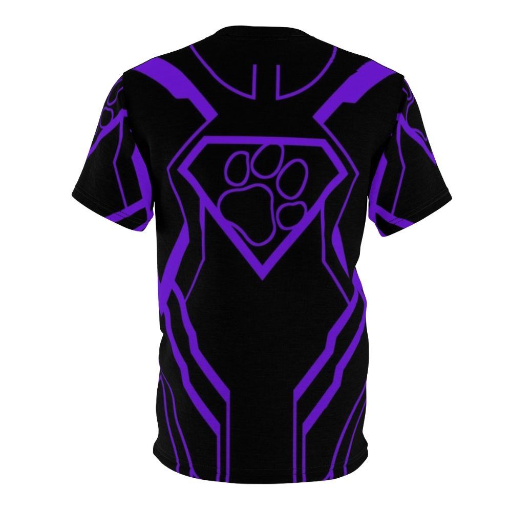 Superpup-inspired purple all-over print t-shirt with superhero and pop culture parody graphics - Back