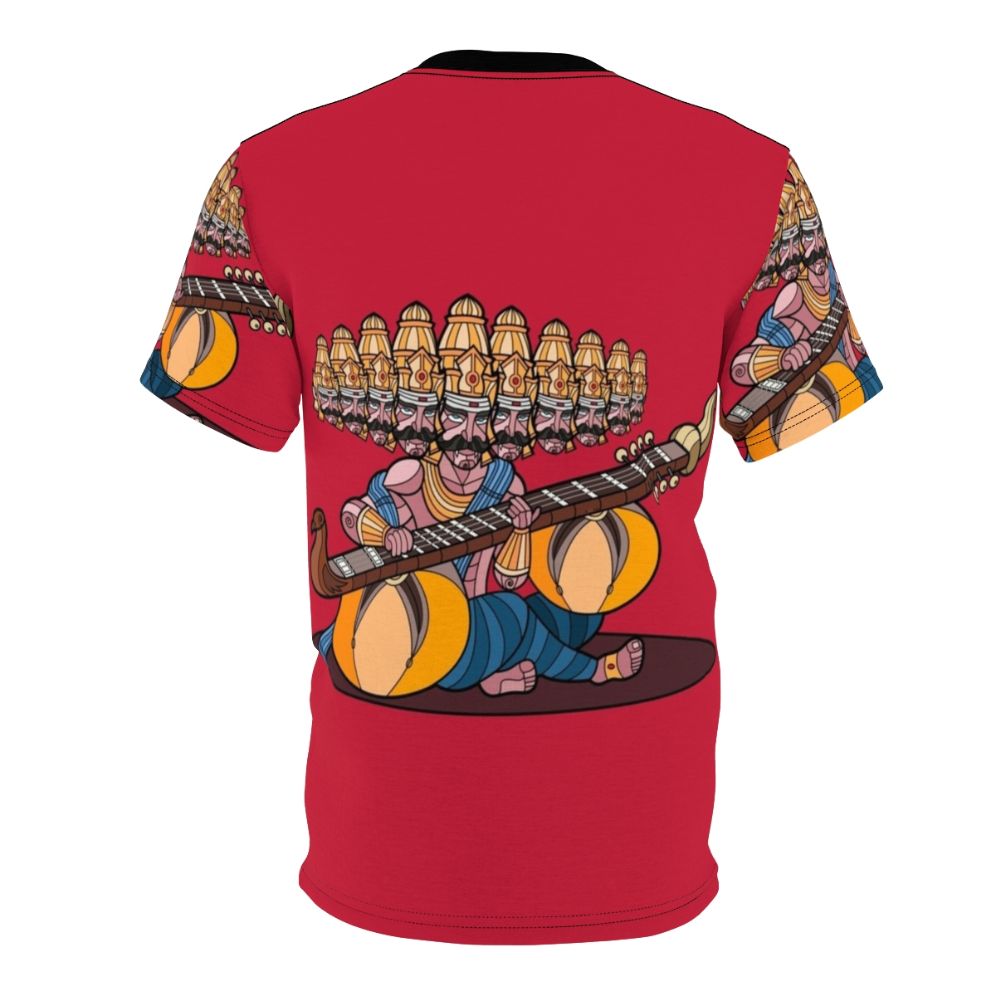 Ravana, the legendary demon king from Hindu mythology, depicted playing the veena, a traditional Indian musical instrument, on an all-over-print t-shirt. - Back