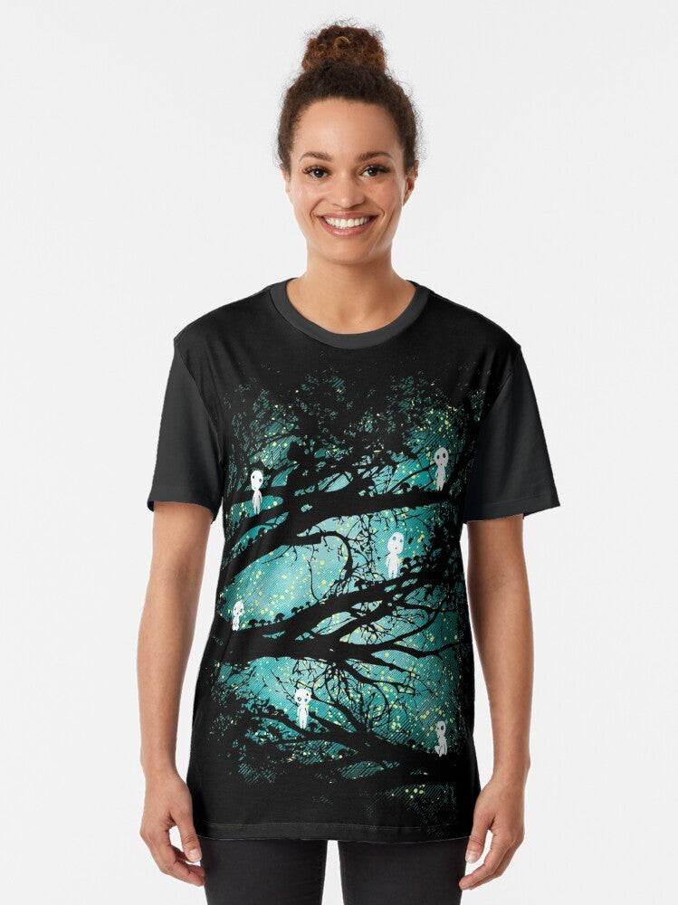 A vintage-inspired graphic t-shirt featuring tree spirits in a fantasy forest scene. - Women