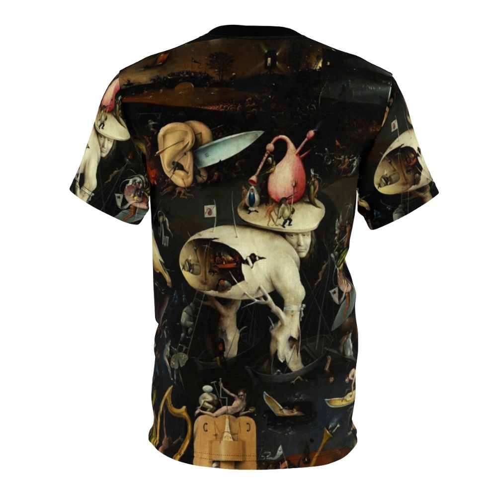 Surreal t-shirt design inspired by the fantastical and mysterious artwork of Hieronymus Bosch, featuring demonic figures, biblical themes, and a visually striking, surrealistic landscape. - Back