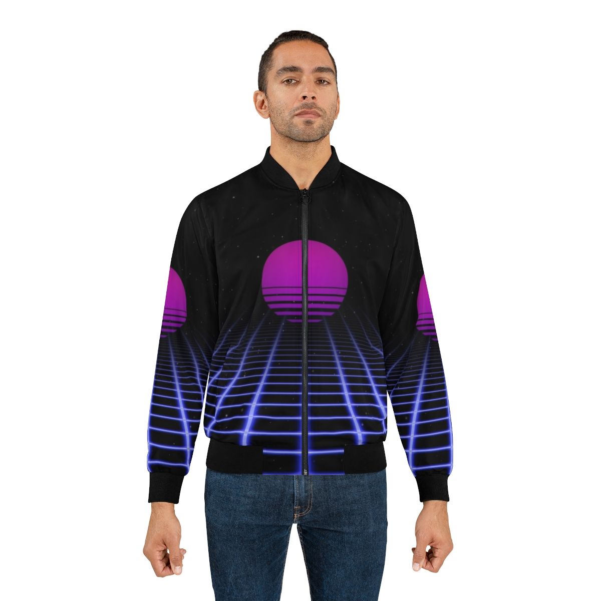 80s Sunset Aesthetic Bomber Jacket with Computer Graphics and Vapor Wave Design - Lifestyle