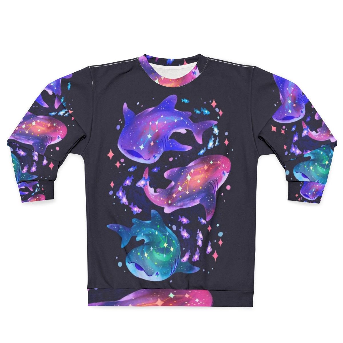 Cosmic whale shark graphic printed on a purple sweatshirt