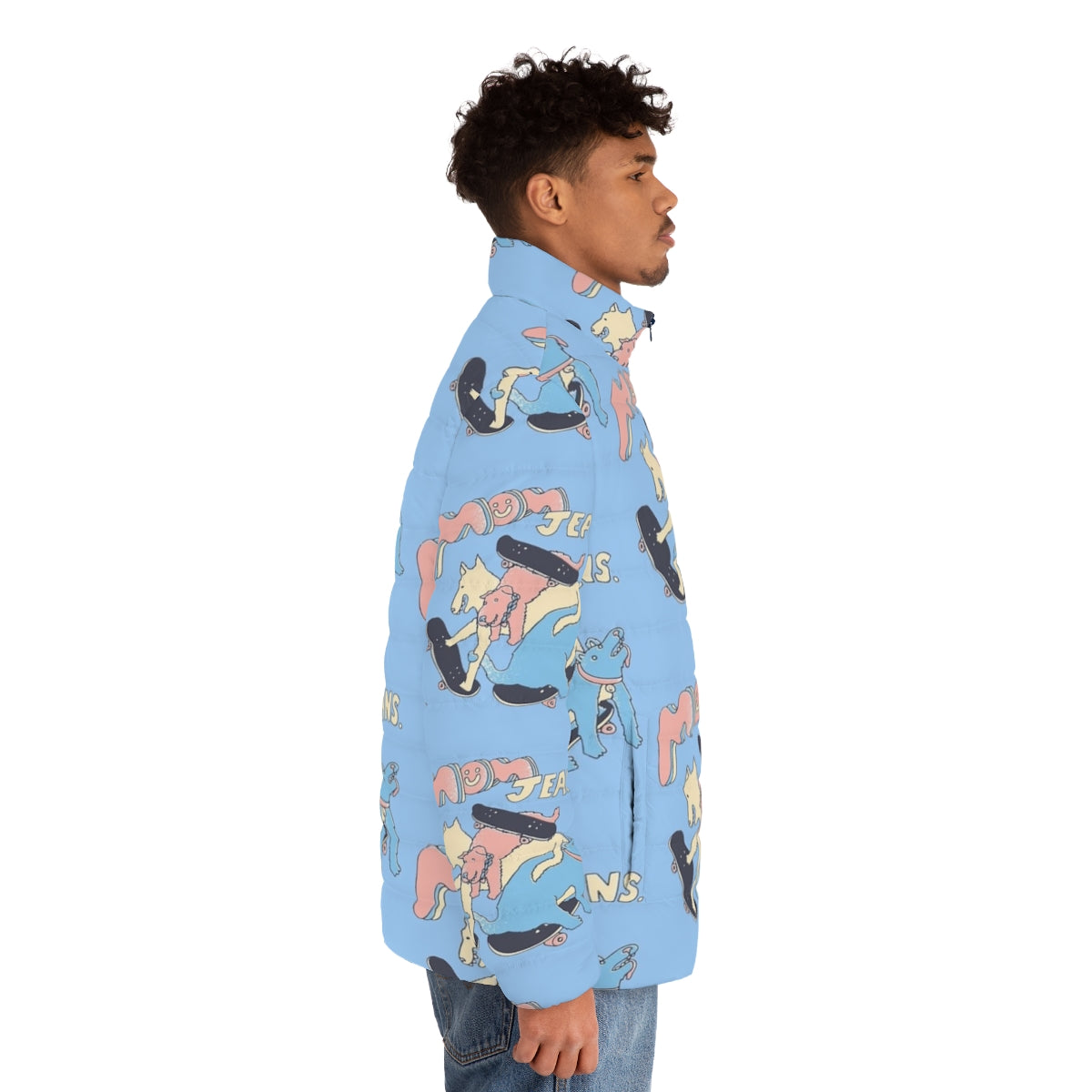 Colorful puffer jacket with mom jeans band and puppy love design - men side right