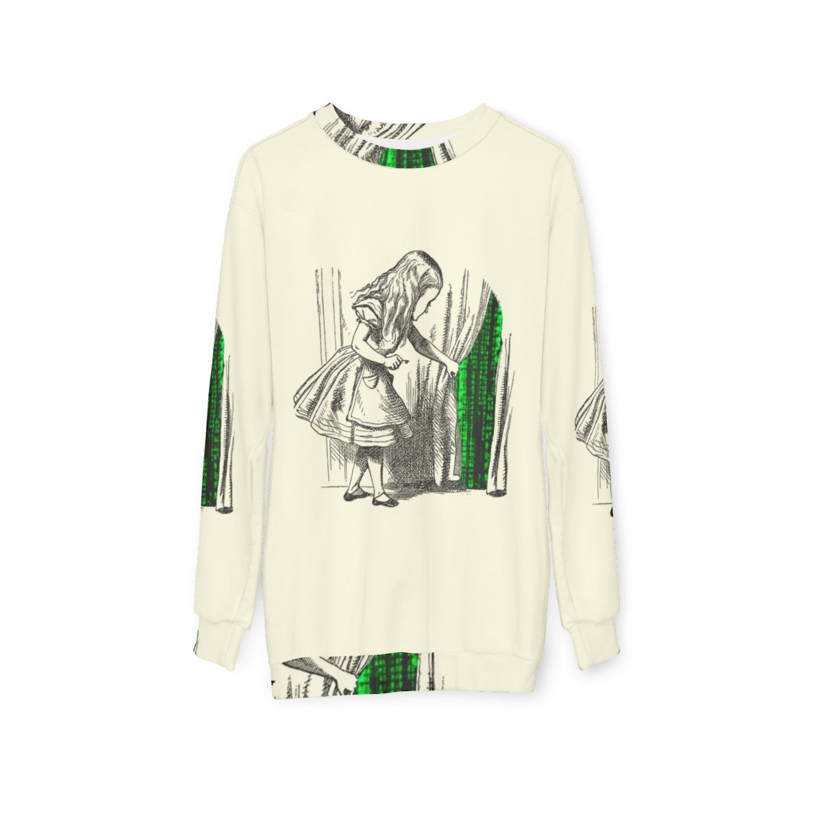 Follow the White Rabbit themed sweatshirt design with Alice in Wonderland and Matrix crossover elements - hanging