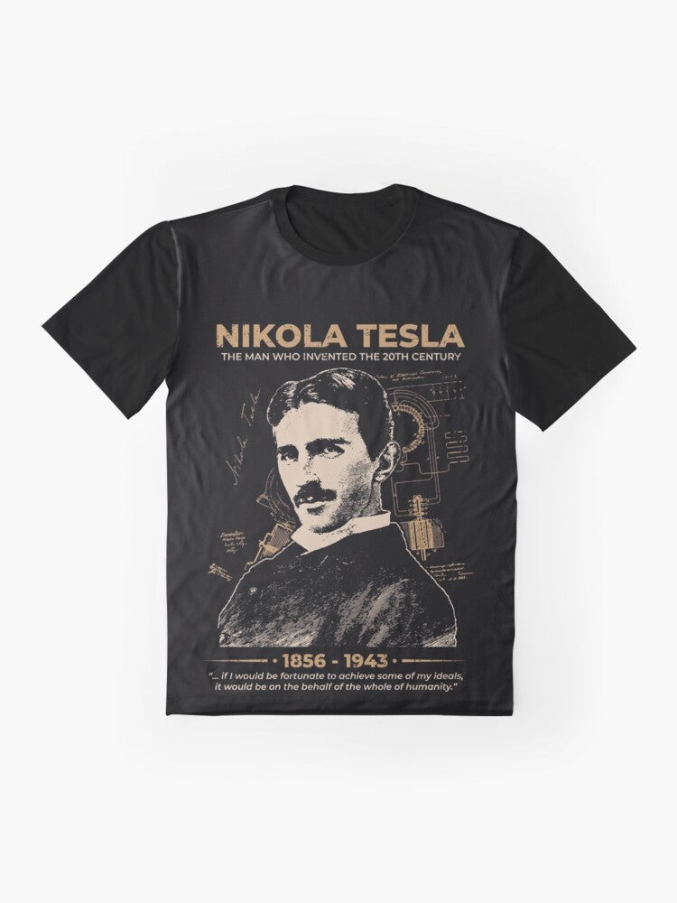 Nikola Tesla graphic t-shirt featuring a stylish pop art design with the inventor's name and a science-inspired quote. - Flat lay