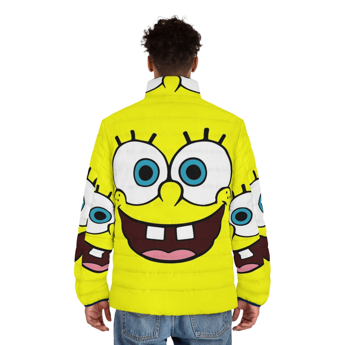 SpongeBob cartoon character printed on a yellow puffer jacket - men back