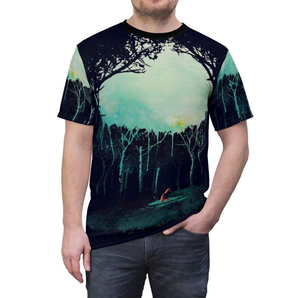 Artistic watercolor design of a deep forest landscape with a woodland fox - men front