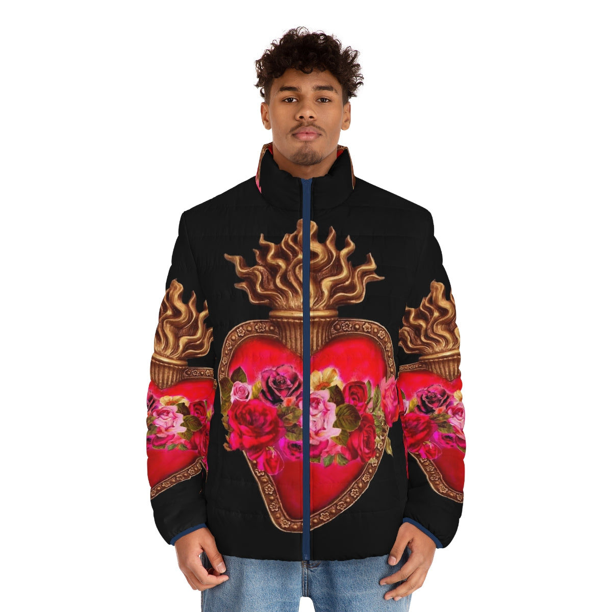 Red puffer jacket with sacred heart design, perfect for faith-based fashion - men front