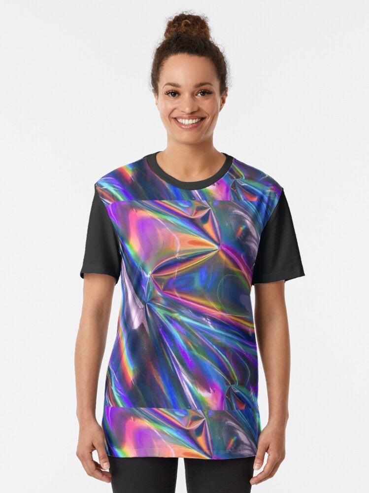 Holographic material graphic t-shirt with iridescent, shiny, and reflective texture - Women