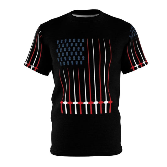 Patriotic fencing-themed graphic design on a white t-shirt