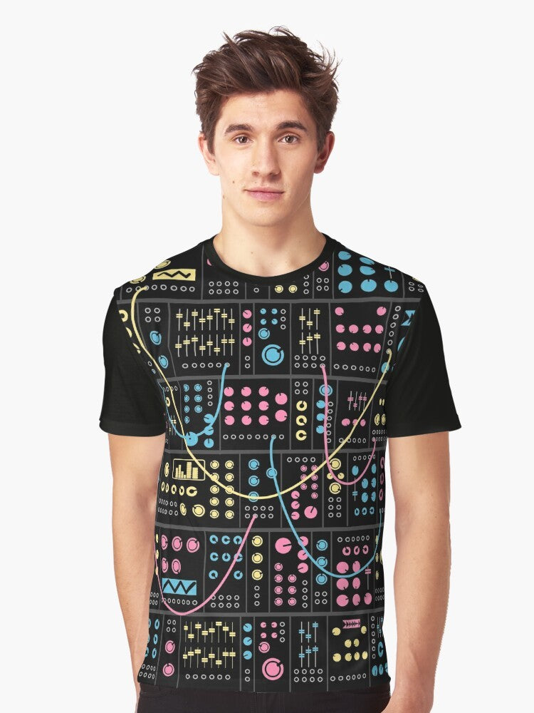 Modular synthesizer graphic t-shirt for electronic music enthusiasts, synth players, and music producers. - Men