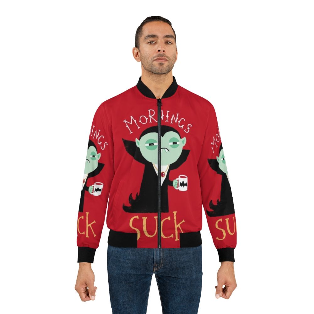 Vampire-themed "Mornings Suck" bomber jacket with a playful, cute design - Lifestyle