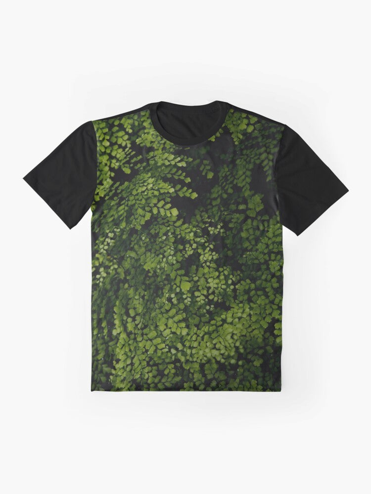 Graphic tee featuring a design of tropical leaves and nature elements - Flat lay