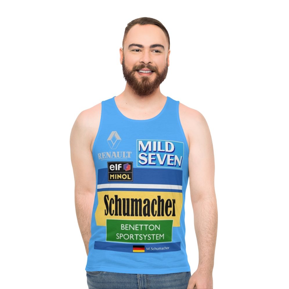 Unisex tank top featuring Michael Schumacher's 1995 Benetton Formula 1 race suit - men