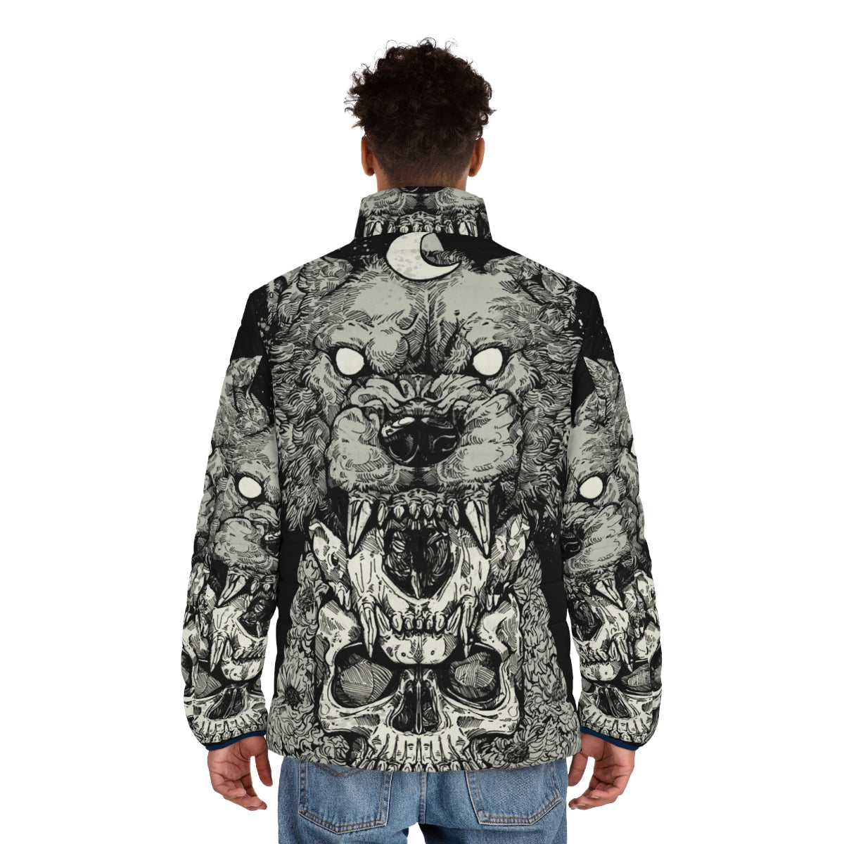 A sleek, black puffer jacket with a gothic, edgy design featuring a wolf and skull motif - men back