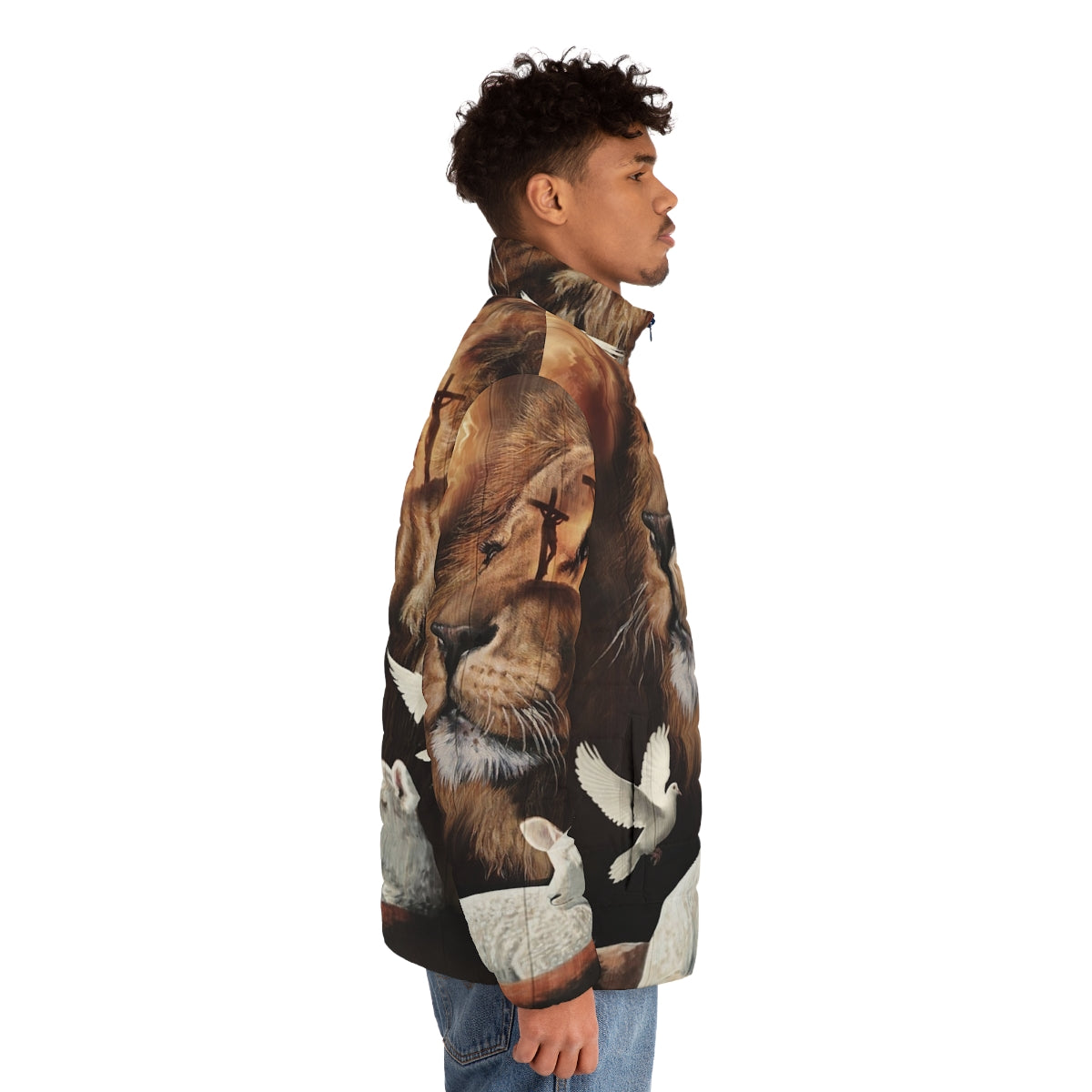 A puffer jacket featuring the Lion of Judah and the Lamb of God design - men side right