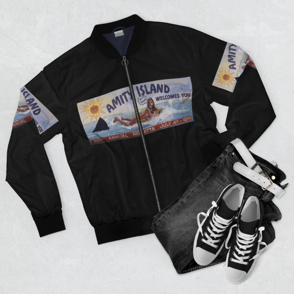 Jaws Amity Island Bomber Jacket - A classic pop culture movie inspired jacket - Flat lay