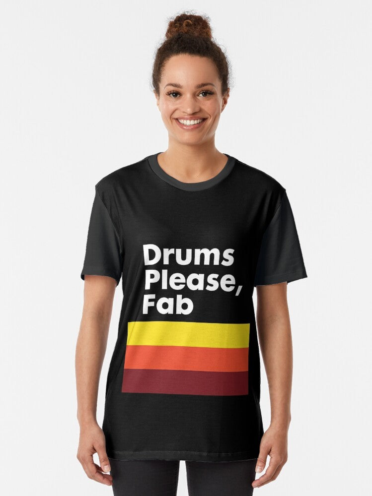 Graphic t-shirt with drums and "Drums Please" text, inspired by the indie band The Strokes. - Women