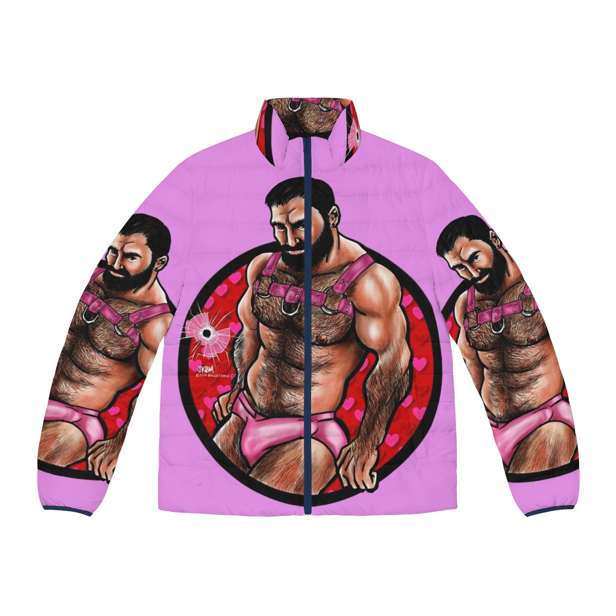 Puffer jacket featuring a Valentine's Day-inspired design for the gay bear community