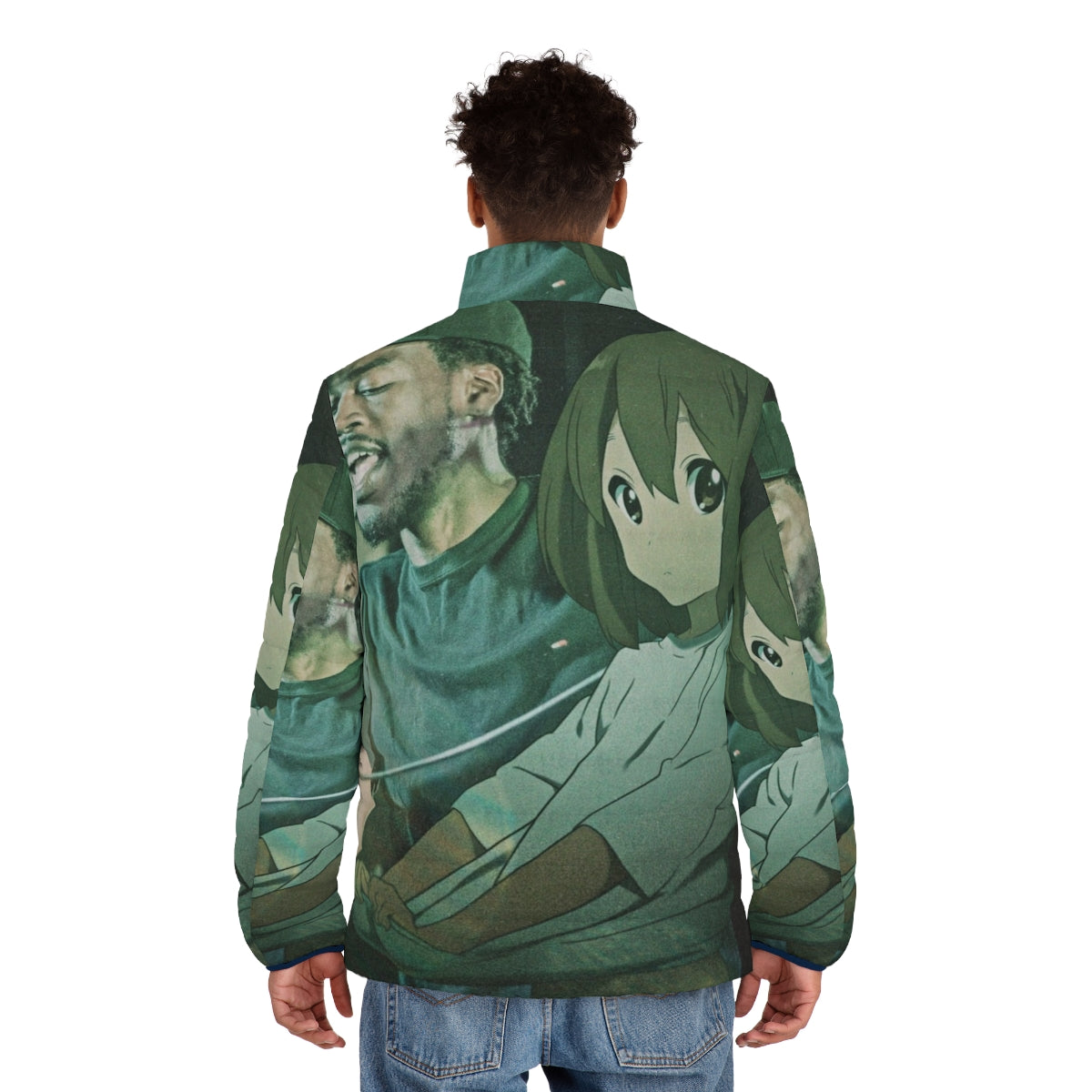 Hirasawa Yui, the beloved K-On! character, showcasing her new puffer jacket in a stylish and gangsta-inspired look. - men back