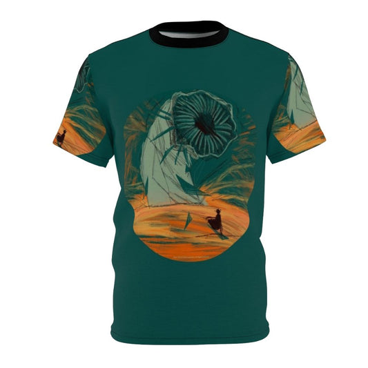 Dune-inspired t-shirt design featuring the desert planet Arrakis and a sandworm