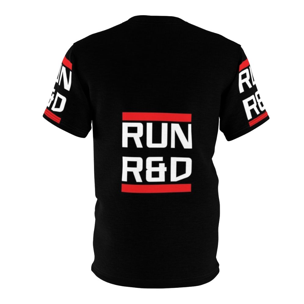 Cyberpunk-inspired Netrunner "Run R&D" graphic t-shirt for gaming enthusiasts - Back