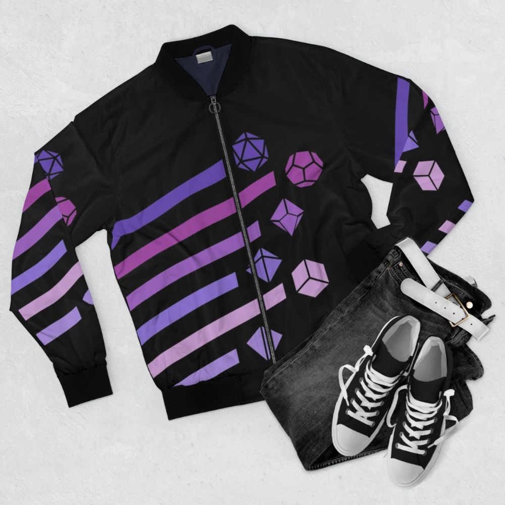 Lofi aesthetic dice tabletop RPG bomber jacket with minimalist design - Flat lay