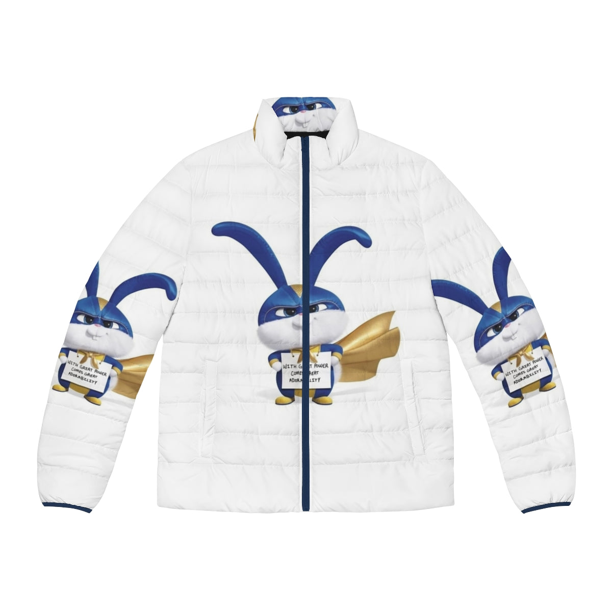 A white puffer jacket with a cute rabbit mascot design