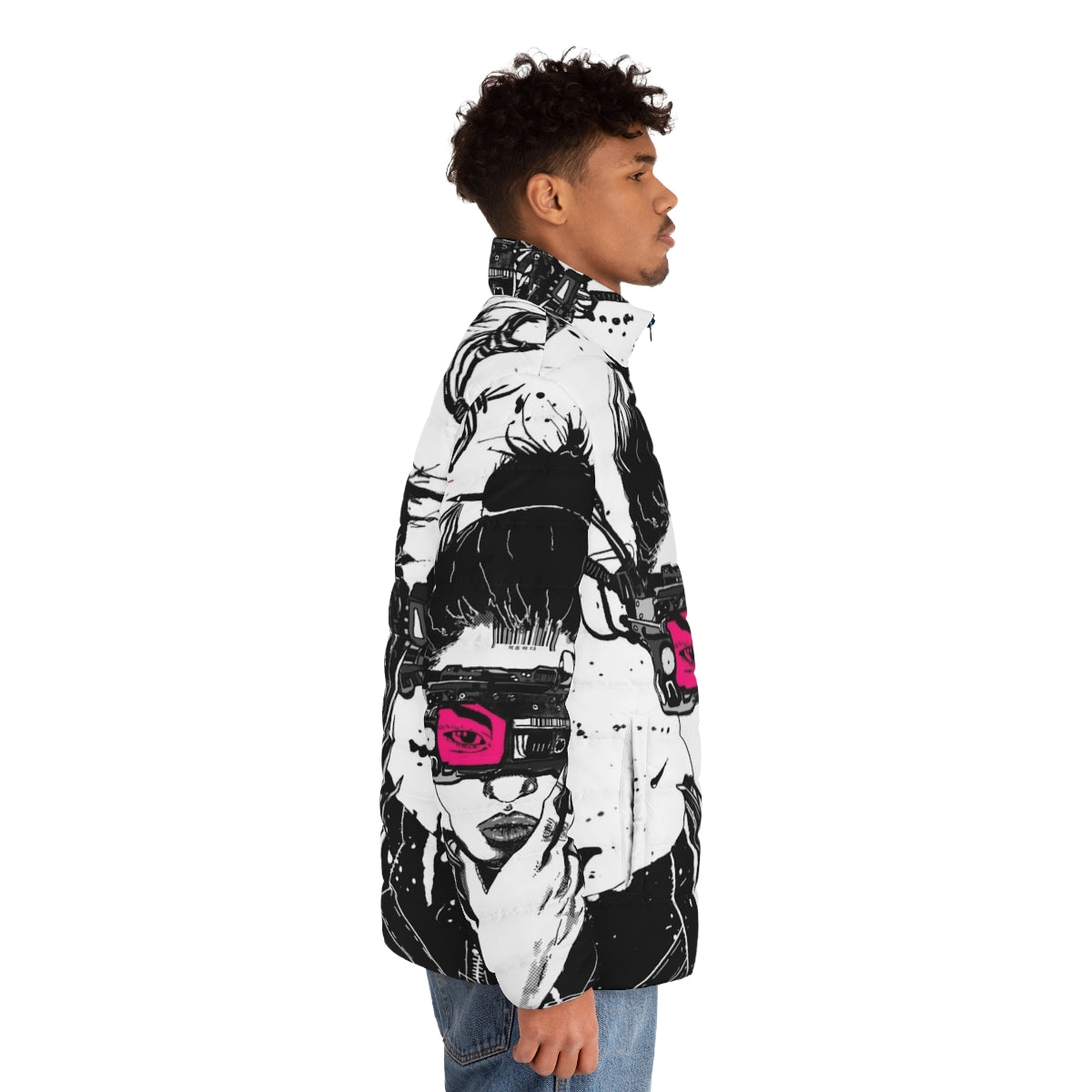 Cyberpunk vaporwave puffer jacket with futuristic urban style - men side right