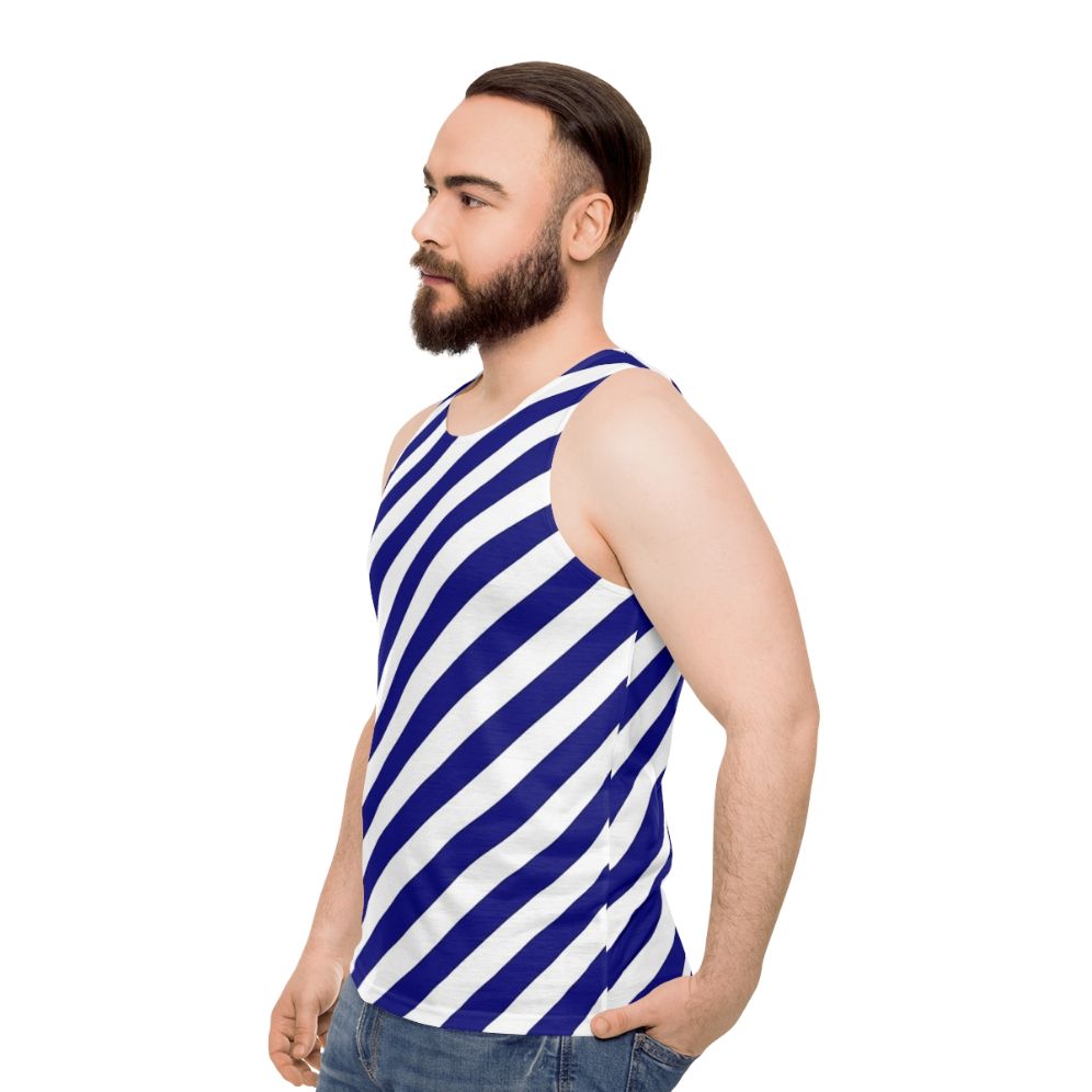 Blue and white diagonal striped unisex tank top - men side