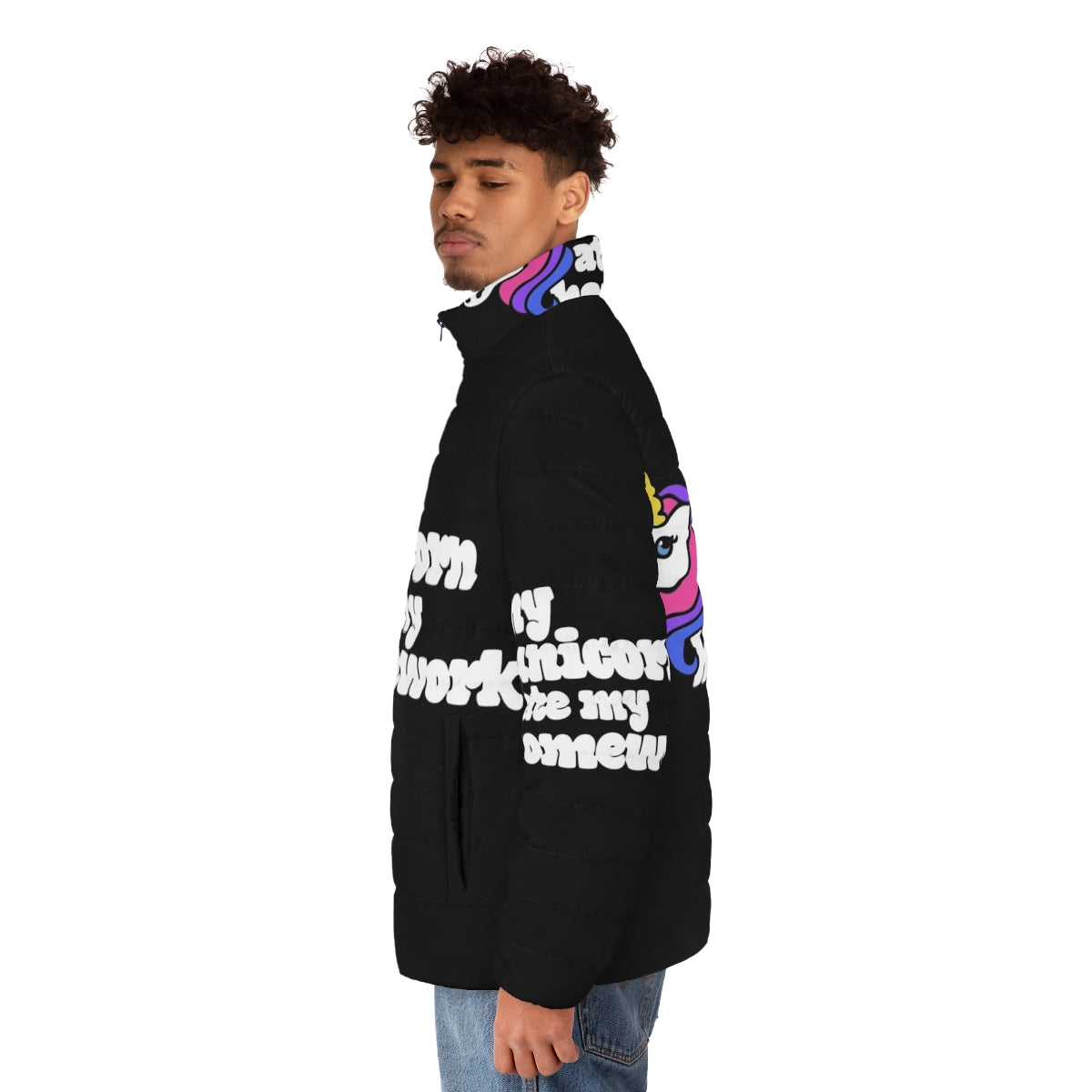 A colorful puffer jacket with a unicorn design - men side left