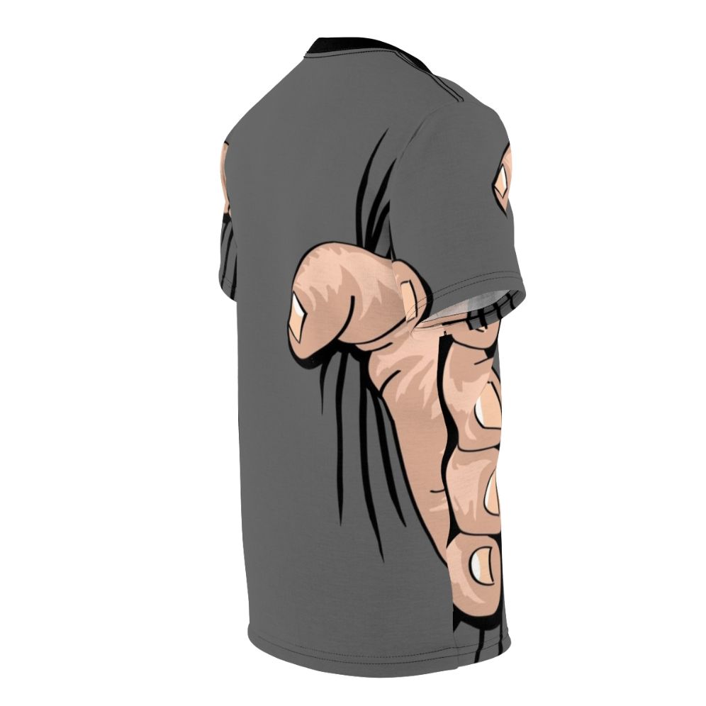 Oversized hand squeezing graphic design on a t-shirt - men right