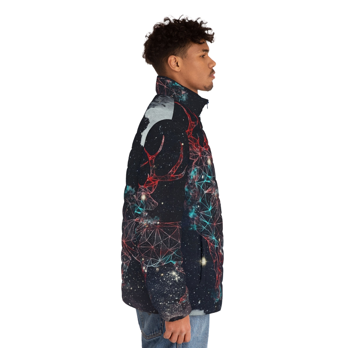 Celestial deer puffer jacket with graphic galaxy and star design - men side right