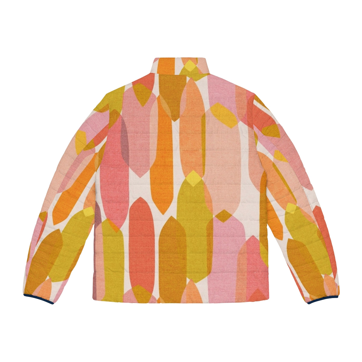 Colourful mid-century inspired puffer jacket with abstract geometric droplet print - Back