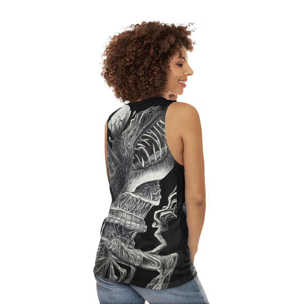 Surreal horror unisex tank top with monster graphic - women back